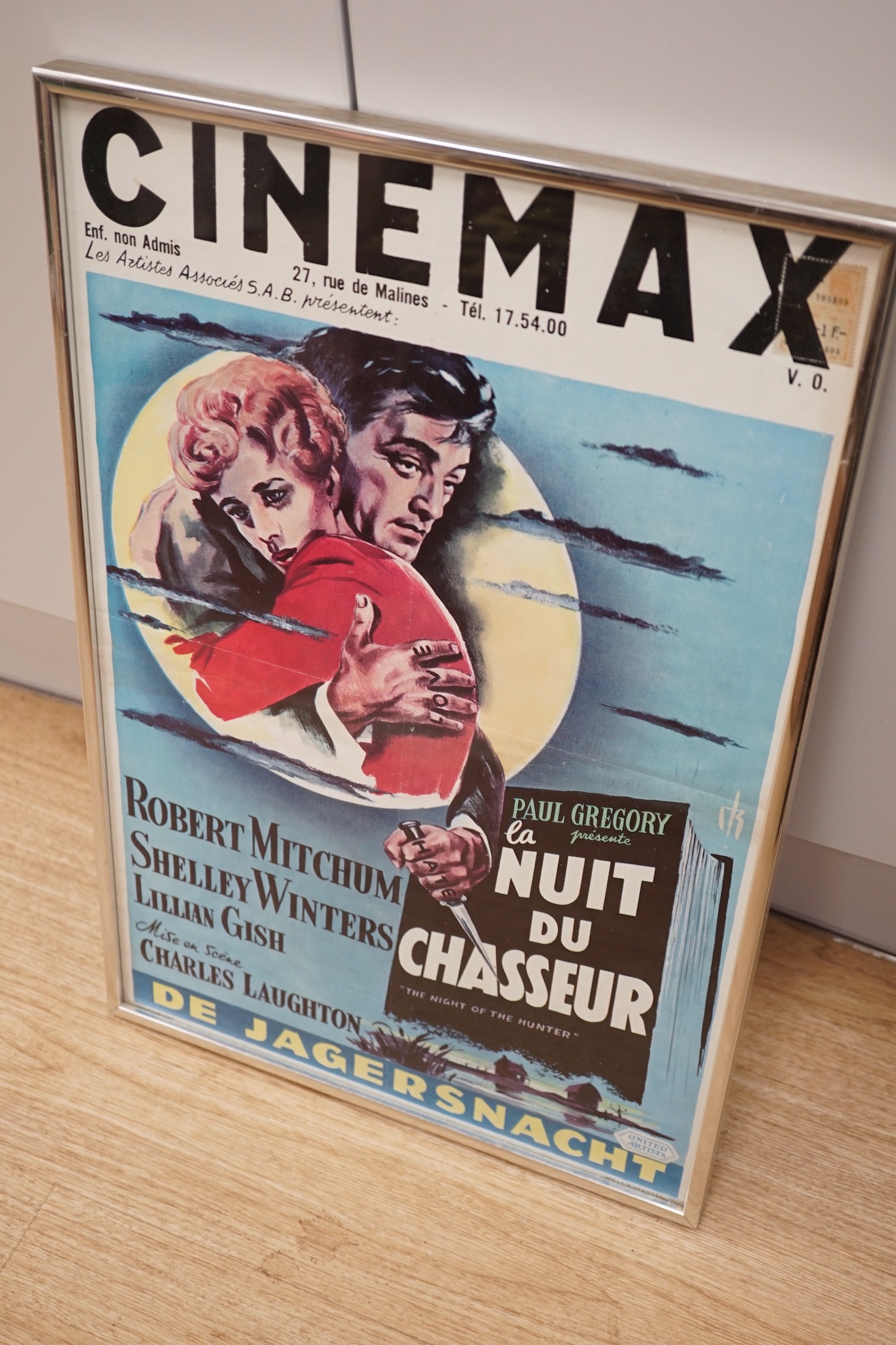 Six framed Belgian Robert Mitchum movie lobby posters, tallest 34cms wide x 52cms high